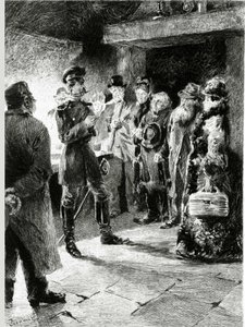 En tysk offiser ber Boulle de talg i bytte mot friheten til alle passasjerene som har blitt arrestert i diligence. I "" Ball of tallow"" av Guy de Maupassant (1850-1893). Illustrasjon av P. G. Jeanniot (1848-1934). Publisert på Ollendorff i av Pierre Georges Jeanniot