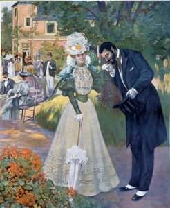Belle epoque: «Håndsex»: en mann som hilser på en kvinne ved en mottakelse. Illustrasjon av Jeanniot for "" Le Figaro illustrious"" Starten av det 20. århundre Paris, dekorativ kunst