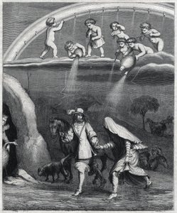 Enee og Didon overrasket over regnet i skogen. Illustrasjon av "" Virgil transvestitt"" av Paul Scarron (1610-1660), en parodi på "L