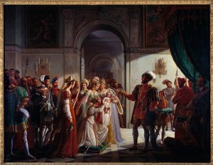 Francois I (1494-1547) bevæpnet ridder hans barnebarn Francois II (1544-1560). Den unge prinsen er ledsaget av foreldrene Henry II (1519-1559), og Catherine de Medici (Caterina de Medici) (1519-1589). Maleri av Pierre Henri Revoil (1776-1842)