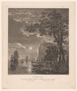 Nattlandskap med skip på kysten La Pleine Lune. (tittel på objekt) av Pierre Jacques Duret