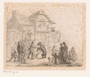 Dansende bjørn med ledsager foran et vertshus, i forgrunnen også en ape av Pierre Jean Baptiste Leroy