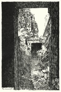 I Bayon, se gjennom et falt tak (gravering)