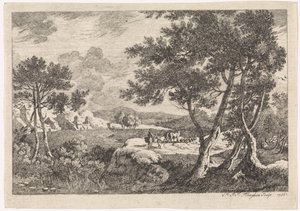 Landskap med trær i forgrunnen av Pierre Joseph Jacques Tiberghien