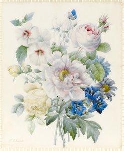 En haug med blomster inkludert en peon, roser, hibiskus, asters, ensian og en imaginær blå sommerfugl (grafitt og wc med spor av gummi arabisk over grafitt på vellum)