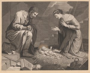 Maria og Josef i tilbedelse av Kristusbarnet av Pierre Landry