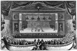 Tredje dag: Le Malade imaginaire (av Molière), komedie representert i Versailles-hagen foran grotten i 1676, gravering av Pierre Lepautre (1660-1744)