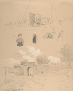 Studieark med figurer og landskap ved Arnemuiden nær Middelburg..., midten av 1800-tallet.