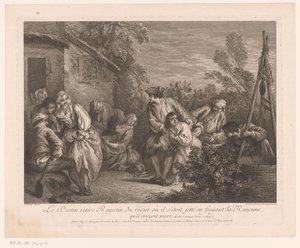 Ragotin bevlucht i en rosynstruik Skjebnen trekker Ragotin fra rosebusken som han hadde kastet seg inn i mens han flyktet fra La Rancune, som han trodde var død. Scener fra Roman Comique van Scarron (serietittel) av Pierre Louis Surugue