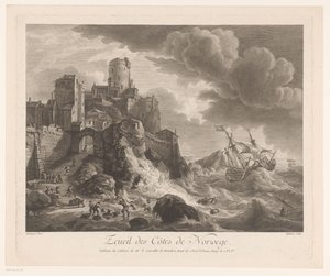Kyst av Norge med sjømenn skylt i land Ecueil des Côtes de Norwege (tittel på objekt) av Pierre Maloeuvre