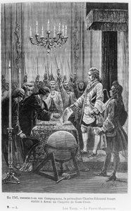 I 1747, blir følgesvennene fortalt, etablerte pretendenten Charles-Edward Stuart (1720-1788) et kapittel av Rose Cross i Arras, illustrasjon fra 