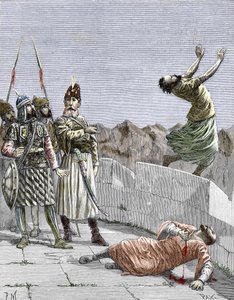 Ismaili-sekten i øst eller mordere grunnlagt av Hassan ibn al-Sabbah (1036-1124), kjent som fjellets gamle mann," rep beordret to av hans fanatiske tilhengere å drepe seg selv, Alamut, Persia, rundt 1096" (Nizari Ismailisme: representasjon av Has