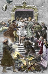 Socinianisme og den lille polske kirken: innbyggerne i Krakow brenner verkene til Faustus Socinus (Faust Socin eller Fausto Sozzini) (1539-1604) på det offentlige torget og forpliktet ham til å delta på autodafe i 1598 (Socinianism og polske brødre: brenni