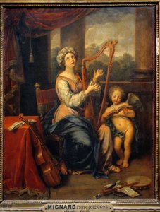 Saint Cecile synger Herrens lovsang Helgenen spiller på harpe og er omgitt av instrumenter. Maleri av Pierre Mignard (1612-1695) 1691 søn. 0,74x0,56 m Paris, Musée du Louvre av Pierre Mignard