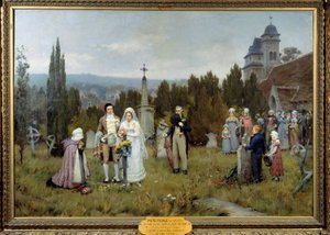 Piete datterselskap Wedding Scene, de unge brudene samles på graven til den avdøde faren til en av de unge brudene. Maleri av Pierre Otin (1840-1899) 1800-tallet. Fecamp, museumssenter for kunst av Pierre Outin