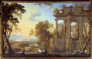 Landskap med ruiner og pastorer Maleri av Pierre Patel the Pere (1605-1676) Søn fra 1600-tallet. 0,53x0,83 m