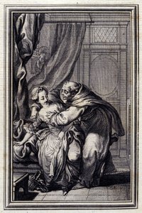 Hvordan ånden kommer til jenter. i "" Tales et nouvelles en verse"" av Jean La Fontaine. 1776. Illustrasjon av P.P. Choffard.