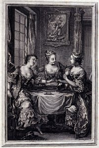 La Gageure des trois commeres - i "" Fortellinger og noveller på vers"" av Jean La Fontaine. 1776. Illustrasjon av P.P. Choffard. av Pierre Philippe Choffard