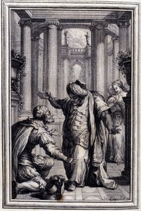 Den lille hunden som skyter penger og steiner - i "" Fortellinger og noveller på vers"" av Jean La Fontaine. 1776. Illustrasjon av P.P. Choffard. av Pierre Philippe Choffard