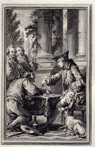 Fortelling om en bonde som hadde fornærmet sin Herre - i "Fortellinger og nyheter på vers" av Jean La Fontaine. 1776. Illustrasjon av P.P. Choffard. av Pierre Philippe Choffard