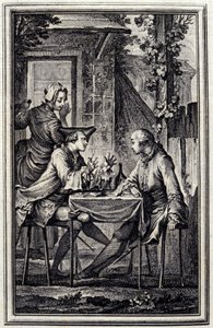 øremakeren eller blåskjell raccomoder. I "" Tales et nouvelles en vers"" av Jean de La Fontaine, Amsterdam 1776. illustrert av P.P.Choffard.