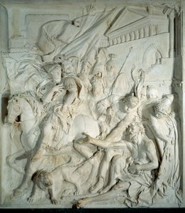 Alexander den store (356 f.Kr.-323 f.Kr.) møter den greske filosofen Diogene den kyniker (413 f.Kr.-327 f.Kr.) i sin tønne”” Basrelieffmarmor av Pierre Puget (1620-1694) 1693. Fra Salle-nedstigningen Suisse (Louvre) ). Paris, Louvre-museet av Pierre Puget