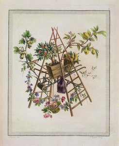 Et hagetekstildesign, fra Work som inneholder en samling av trofeer, attributter, patroner, vaser, blomster, ornamenter og flere hyggelige design for brodering av lenestoler, gravert av Etienne C