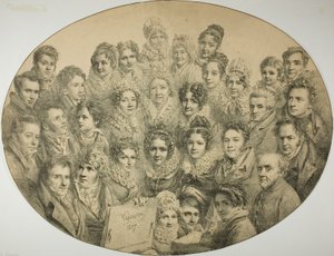 Portretter av 31 personer i en oval av Pierre Roch Vigneron