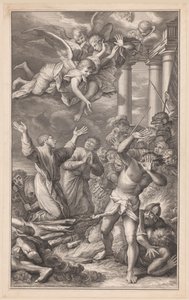 Cosmas og Damianus brant på bålet, omgitt av soldater og engler av Pierre Simon (I)