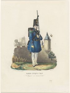 Belgiske burgerwacht op wacht, 1830 Civic Guard 1r Ban / Voltigeur i sommerkjole (tittel på objekt) av Pierre Simonau