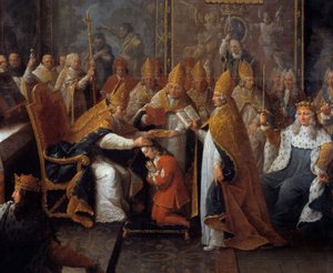 Kroningen av Ludvig XV kong Ludvig XV (1710-1774) ble kronet og hellig den 25.10.1722 i katedralen i Reims av arkeveken i Reims i nærvær av regenten, hertugen av Orleans (1674-1723) og en stor folkemengde. Detalj av maleri av Pierre Sub