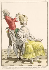 En ung kvinne i en peignoir med sin frisør, plate 31 fra 