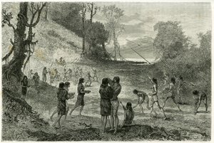 Spydspill mellom 2 stammer av Zaparros, menn øver og kvinner rir rundt spillerne uten frykt og serverer drikke til dem. Gravering av Vignal, for å illustrere historien "Amazon og Cordilleres"" av Pierre Vignal