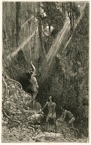 Suno-indianere, fra bredden av Napo-elven (Amazon), jakter med sarbacan. Gravering av Vignal, for å illustrere historien "Amazon og Cordilleres""