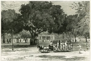 Trikk, skyting av hester, i havnen i Para (Brasil), på largo i Nasaret. Gravering av Vignal, for å illustrere historien "Amazon og Cordilleres""