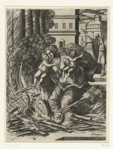 Ashdrubals kone stuper inn i det brennende tempelet av Pierre Woeiriot (II)