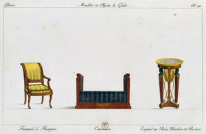 Lenestol med flens, loveseat og stativbord, plate 211, illustrasjon fra Collection de meubles et objects de gout (Samling av møbler og smaksgjenstander) av Pierre de La Mesangere