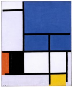 Komposisjon med stort blått plan, rødt, svart, gult og grått av Piet Mondrian