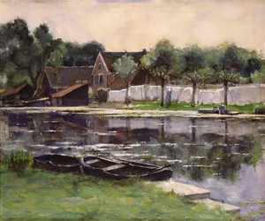 Bondekoner med klesvask på grensen til en elv av Piet Mondrian