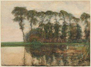 Gård ved vannet skjult av ni høye trær av Piet Mondrian