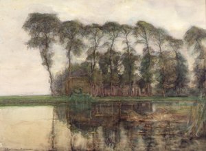 Gårdsplass langs vannet Skjermet av ni høye trær  av Piet Mondrian