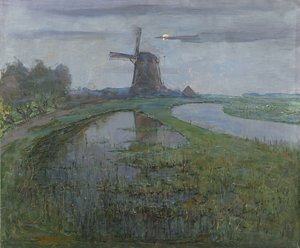 Oostzijdse mølle langs elven, ca. 1903 (olje på lerret) av Piet Mondrian