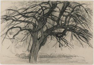Foreløpig studie for kvelden: The Red Tree, 1908 (svart fargestift og kull på papir) av Piet Mondrian
