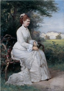 Portrett av prinsesse Emma von Waldeck-Pyrmont sittende på en benk i parken til Palace Het Loo (olje om bord) av Piet Schipperus
