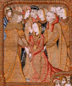 flamsk billedvev. Serien Triumphs of the Mother eller Paños de Oro. Gud sendte erkeengelen Gabriel (Dios envía al Arcángel Gabriel). Første billedvev i serien. Modell Colin de Cooter(?). Produksjon Pieter van Aelst (eller van Edingen), Brussel. Ca1500-1502