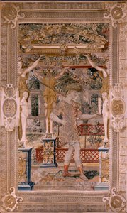 flamsk billedvev. Seriene Vertumnus og Pomona.Vertumnus forvandlet til en bonde. Andre billedvev i serien. Venstre del transformasjonen av Daphne. Modellsirkel av Pieter Coecke van Aelst. Produksjon Wilhelm Pannemaker, Brussel. Ca 1545-1550. Fabri