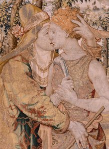 flamsk billedvev. Serien Vertumnus og Pomona. Vertumnus kysser Pomona. Syvende billedvev i serien. Modellsirkel av Pieter Coecke van Aelst. Produksjon Wilhelm Pannemaker, Brussel. Ca 1545-1550. Stoff Gull, sølv, silke og ull. Størrelse 430 x 365 cm.