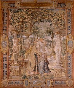 flamsk billedvev. Serien Vertumnus og Pomona. Vertumnus kysser Pomona. Syvende billedvev i serien. Modellsirkel av Pieter Coecke van Aelst. Produksjon Wilhelm Pannemaker, Brussel. Ca 1545-1550. Stoff Gull, sølv, silke og ull. Størrelse 430 x 365 cm.