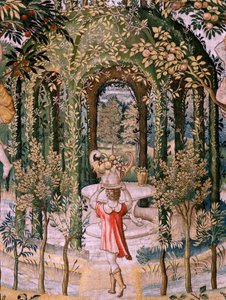 flamsk billedvev. Serier Vertumnus og Pomona; Vertumnus forvandlet til en gartner (Vertumno transformado en jardinero). Femte billedvev i serien. Model Circle av Pieter Coecke Van Aelst og Léonard Thiry. Produksjon Ukjent verksted, Brussel, før