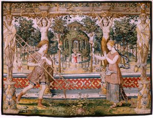 flamsk billedvev. Serier Vertumnus og Pomona; Vertumnus forvandlet til en gartner (Vertumno transformado en jardinero). Femte billedvev i serien. Model Circle av Pieter Coecke Van Aelst og Léonard Thiry. Produksjon Ukjent verksted, Brussel, før